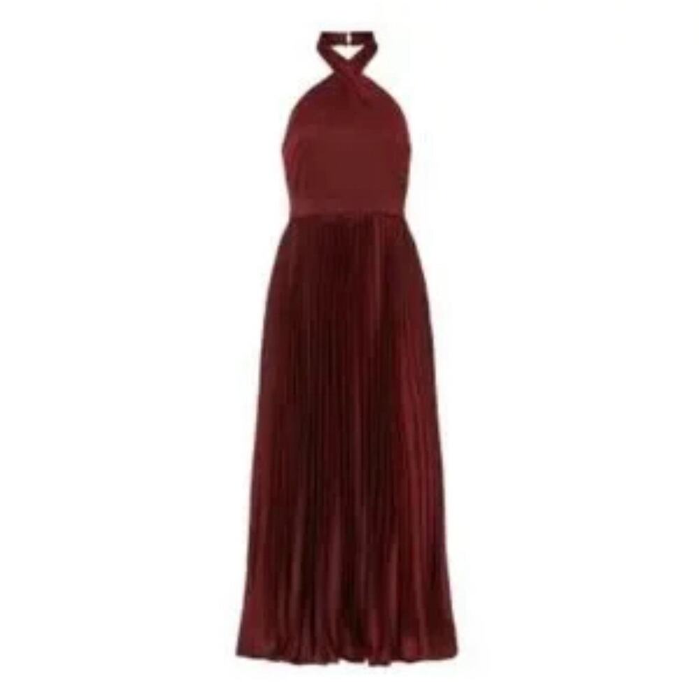 Elle Zeitoune Jayee Halter Gown Dress Burgundy Pleated Medium. Wedding. Party